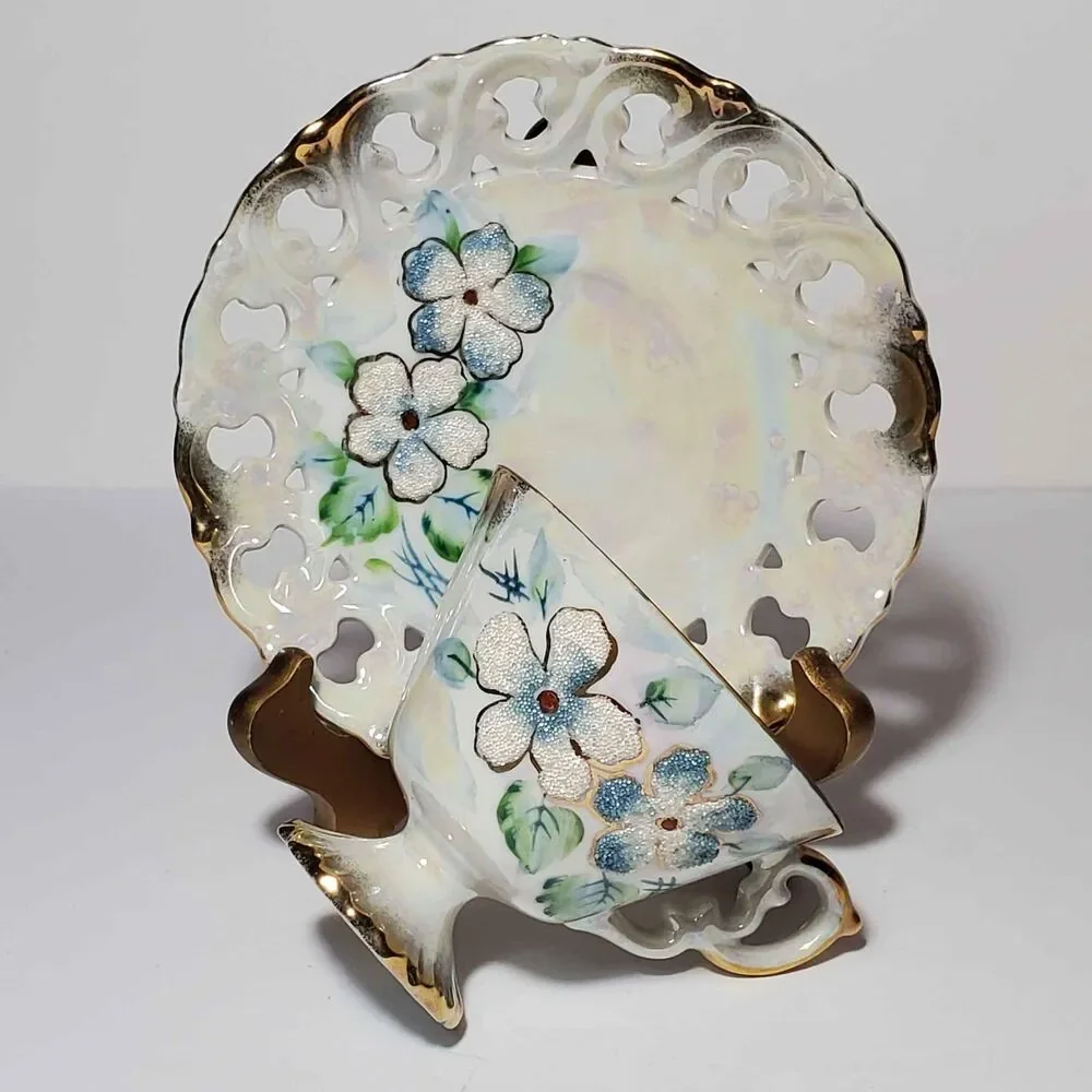 EFCCO Teacup and Saucer Blue White Textured Flowers Reticulated Opalescent
